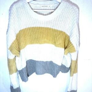 Moon & Madison Womens Striped Cropped Knit Sweater Yellow White Grey Medium